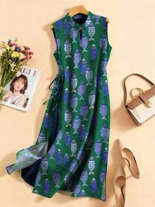 Đầm sườn xám kiểu Trung Quốc không tay in hoa mùa hè dành cho nữ, xẻ tà, thiết kế hai lớp, thanh lịch, thích hợp cho kỳ nghỉ. - màu xanh lá - Xem 1