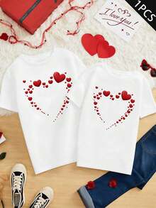 Couples Matching Heart Print T Shirt Spring, Crew Neck, Relaxed Fit, Street Hip-Hop, Comfort Fit, Graphic Design - MenWhite-1PC - View 1