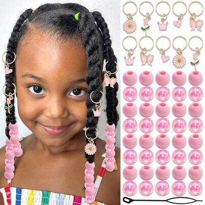 50 New Woven Plastic Hair Beads In Red And Pink, Heart-Shaped Butterfly Flower Crown Accessories, Perfect For Valentine's Day Parties. It Looks Great. Girl's Beaded Jewelry