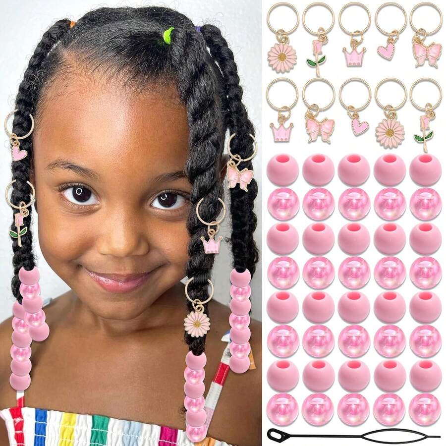 50颗全新编织塑料发珠，红粉相间，心形蝴蝶花冠配饰，非常适合情人节派对。外观精美。女孩串珠首饰