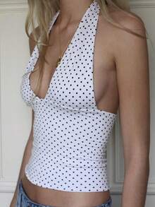 Women's Halter Neck Tank Tops Sleeveless Open Back Plaid/Heart Printed Slim Fit Tops Party Shirts - Ivory White - View 2