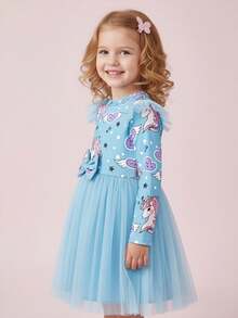 Young Girls' Cartoon Print Contrast Mesh Long Sleeve Dress, Spring/Autumn - Blue - View 6