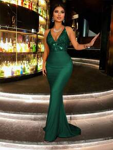 CHOSMO新款夏季亮片露背吊带红色婚纱，适合高中舞会，优雅奢华，高腰修身长款春季派对礼服 - 墨綠色 - 查看 9