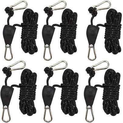 6pcs Adjustable Heavy Duty Rope Hanger - Heavy Duty Ratchet Tie Down Straps With Pulley, Portable Adjustable Fix Camping Rope, Nylon Rope Retractable Ratchet Straps, Grow Light Pulley System.
