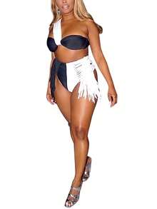 Women's Sexy Contrast Color Bikini, Sleeveless Off-shoulder Tops Briefs Swimsuit, Classic Tassel Decoration Two-pieces Set - Blanco - Ver 7