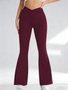 Women's Criss-Cross Waist Flare Pants, High Elasticity Polyester Solid Color Sports Yoga Pants, Criss-Cross Waist Casual Long Pants, Solid Color Skinny Workout Leggings Suitable For All Seasons, Knit Fabric Wide Leg Pants Suitable For Fitness And Leisure Wear - 酒紅色 - 查看 9