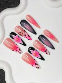 10pcs/Set Handmade Almond-Shaped Y2K Baddie Style Press-On Nails,, Black, Pink Colors With French Tips, Floral, Texture Designs, Suitable Women & Girls, Party, Daily Wear, Includes Kit, Great - 彩色 - 查看 3