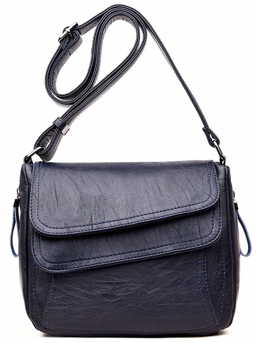 1pc Women's Fashion Double Flap Shoulder Bag, Classic Minimalist Small Square Crossbody Bag - Blue - View 1