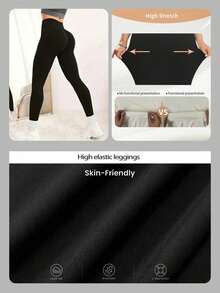 Damskie legginsy z wysokim stanem i elastyczną wyszczuplającą talią, do jogi i fitnessu, idealne na lato, do codziennego noszenia, czarne, wiosenne - Czarne - Zobacz 5