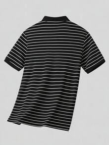男士白黑條紋 Polo 衫，短袖領口休閒高爾夫球衫，適合辦公室工作與日常穿著 - 黑色 - 查看 5