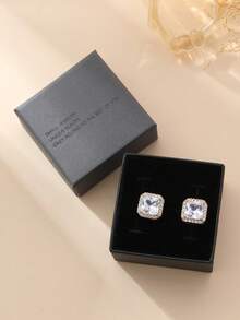 1 Pair Minimalist Cubic Zirconia Square Stud Earrings Gift Box Set, Dual Color Options, Suitable For Men & Women, Couples, Holiday & Birthday Gifts, Daily Wear - Affirmative Side - View 2