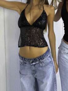 Women Y2k Sequin Halter Tops Spaghetti Strap Sparkly Crop Cami Top Backless Glitter Back Tie Up Tops Disco Bling Halterneck Tank Vests Summer Going Out Tops Party Club Streetwear Rave Outfit,Concert Outfit,Valentines Clothes,Beach Vacation Outfits   ﻿ - màu đen - Xem 2