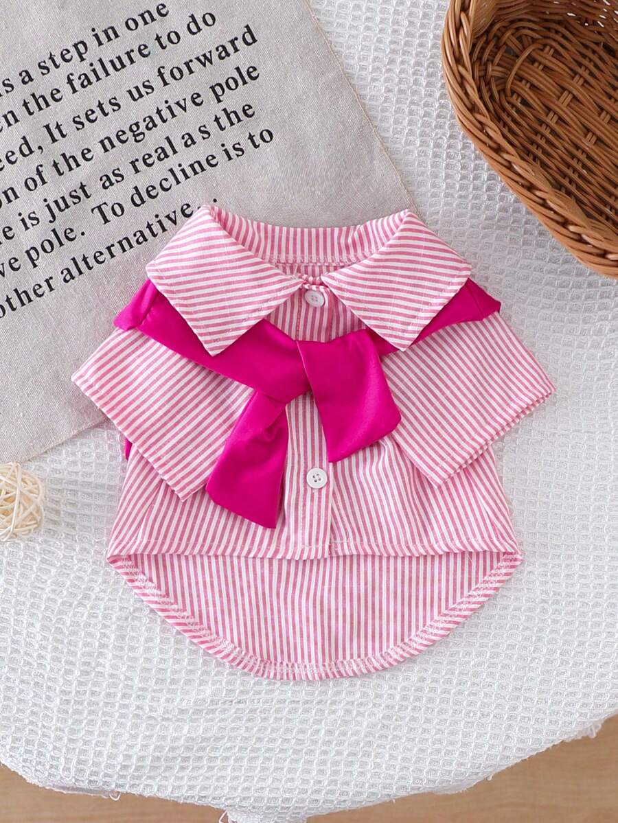 Striped Shirt With Detachable Solid Color Scarf For Cats And Dogs, Suitable For Everyday Wear - Hot Pink - View 1