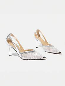 Giày sandal cao gót dệt thủ công sang trọng, thiết kế độc đáo, giày mùa hè mũi nhọn đa năng thời trang dành cho nữ, bộ sưu tập mới năm 2025. - Bạc - Xem 2