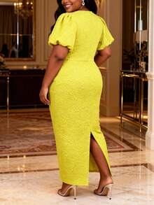 Plus Size Women Yellow Jacquard Elegant Long Dress With Bow Accent Puff Short Sleeve Curvy Dresses For Wedding Guest Formal Occasion - Yellow - View 2