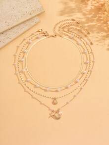 4pcs/Set Fashionable Elegant Metal Chain Faux Pearl Layered Necklace With Shell & Starfish Pendant, Versatile Jewelry For Daily Wear And Music Festival Party, Chain Length Adjustable - Gold - View 2