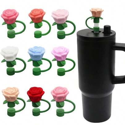1pc/9pcs Random Silicone Rose Flower Straw Covers, Dust-Proof Straw Caps, Cup Accessories, Cartoon Flower Straw Sleeves