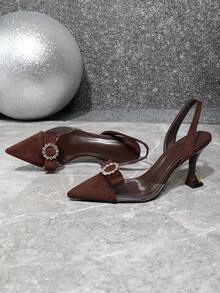 2026 Spring New French Style Pointed Toe High Heel Sandals For Women, Transparent Rhinestone Decor, Elegant High-End - Brown - View 6