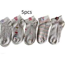 5双装女士波点网眼短袜，时尚可爱卡通图案，透气吸湿休闲运动袜，春夏款