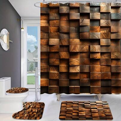 12pcs Wooden Block Wall Print Bathroom Set: Includes 12 Free Hooks, Waterproof Shower Curtain, Anti-Slip Bath Mat, Toilet Seat Cover And Bathroom Rug - Machine Washable