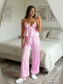 Women's Pajama Sets Lace Patchwork Spaghetti Strap Ruffled Cami Tops With Loose Pants 2Pcs Soft Sleepwear - Pink - View 9