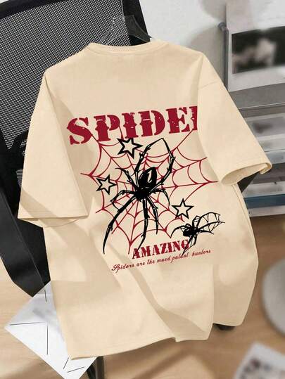Tween Boy Spider & Spider Web Pattern Pullover Sweatshirt, "SPIDER" Letter Print, Round Neck Short Sleeve, Suitable For Summer And Autumn, New Boys Clothing