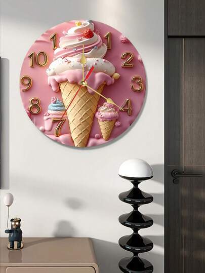 2D 平面冰淇淋图案木质挂钟 - 色彩鲜艳、细节精致的甜美装饰，适用于家居、卧室或厨房，无需电池，2D 平面挂钟，装饰挂钟，冰淇淋家居装饰