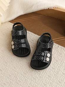1 par de sandalias planas casuales de suela blanda y antideslizante, versátiles y de moda para niñas, para uso diario en verano - Negro - Ver 4