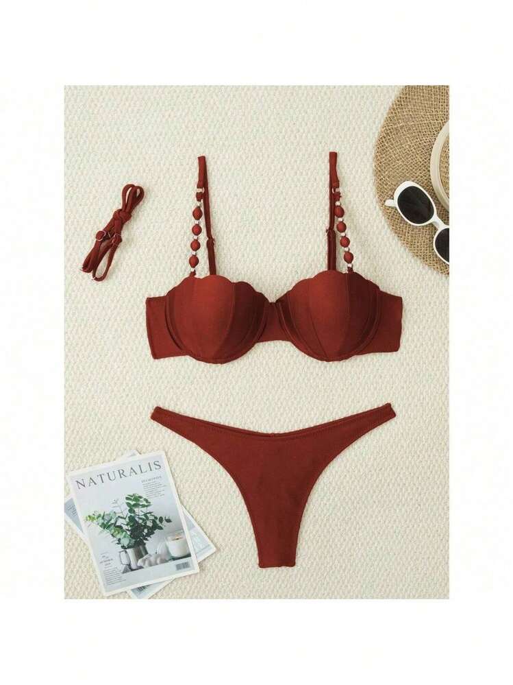 RWX VEST Women's Bikini With Padded Cups And Straps With Ball Details – Elegant And Comfortable 2025 XX348 - Rust Brown - View 2