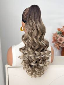 20-24 Inch Long Wavy Synthetic Hair Ponytail Extensions, Claw Clip On, Light Brown Color, Suitable For Daily Wear - Ombre - View 8