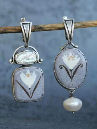 1 par de pendientes asimétricos de flor de gardenia blanca de aleación y resina con perlas, pendientes asimétricos de estilo vintage para mujeres