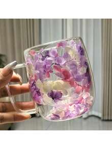 1-2个双层玻璃杯，带把手，透明花卉咖啡杯，可重复使用，适用于牛奶、意式浓缩咖啡、卡布奇诺、冷热饮品。非常适合作为生日礼物、节日礼物和咖啡机配件。 - 彩色 - 查看 1