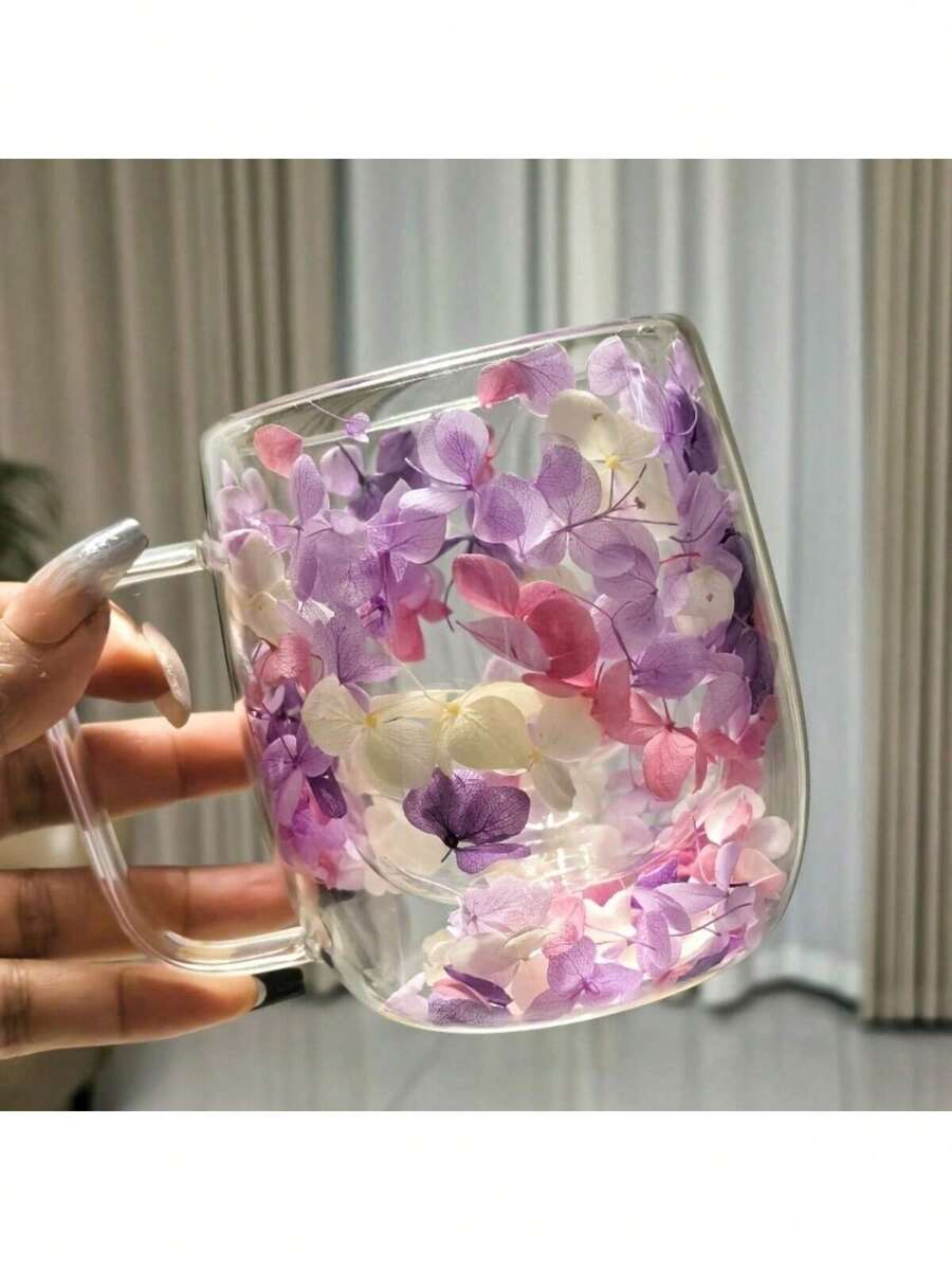 1-2个双层玻璃杯，带把手，透明花卉咖啡杯，可重复使用，适用于牛奶、意式浓缩咖啡、卡布奇诺、冷热饮品。非常适合作为生日礼物、节日礼物和咖啡机配件。 - 彩色 - 查看 1