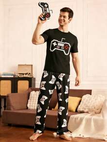 Men's Printed Short Sleeve Pajama Set, Summer Home Wear - Black - View 4