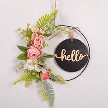 1 pieza Corona floral artificial, corona de aro floral de primavera/verano, corona circular de hierro con flores y hojas artificiales, decoración de bienvenida para pared, puerta, ventana, decoración del hogar, adorno colgante para boda - Multicolor - Ver 43