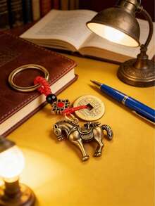 1pc Vintage Brass Horse-Shaped Lucky Charm Keychain, Chinese Feng Shui Copper Coin Lucky Charm Pendant-Symbolizing Success And Wealth, It's A Perfect Chinese New Year Gift For Friends And Family, Also Suitable As An Everyday Keychain, Backpack Charm, Or A Meaningful Gift For Chinese Culture Enthusiasts. - Multicolor - View 3