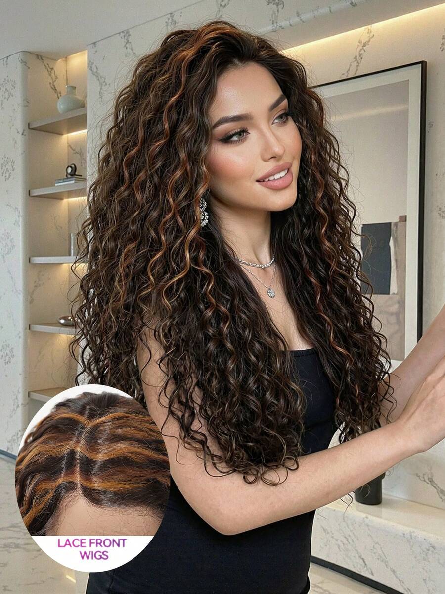 26英寸长钢琴棕金色小到中卷多层次发型合成自然假发蕾丝前假发13*6*1手工编织蕾丝化纤发日常进口丝绸派对婚礼音乐节万圣节礼物 - 間色 - 查看 1