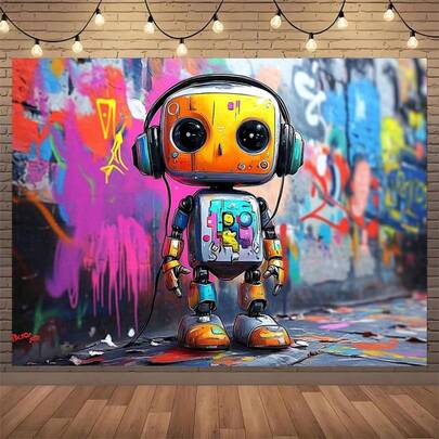 多功能趣味机器人背景幕布 - 耐用涤纶面料，是派对和节日装饰的理想之选，易于悬挂，无需电源