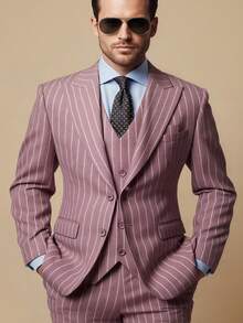 Men's Striped 4 Piece Suit Blazer Vest Pants With Belt, Fine Cuffs Flap Pockets Inner Pockets Adjustable Waist For Wedding Business Formal Occasions Office Wear - 藕粉色 - 查看 1