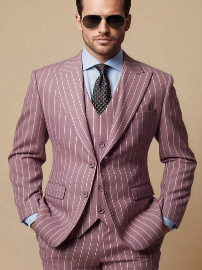 Men's Striped 4 Piece Suit Blazer Vest Pants With Belt, Fine Cuffs Flap Pockets Inner Pockets Adjustable Waist For Wedding Business Formal Occasions Office Wear