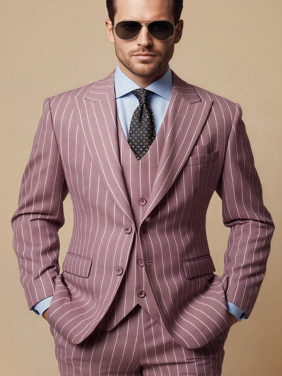 Men's Striped 4 Piece Suit Blazer Vest Pants With Belt, Fine Cuffs Flap Pockets Inner Pockets Adjustable Waist For Wedding Business Formal Occasions Office Wear - 藕粉色 - 查看 1