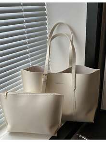 2pcs/Set Solid Color Large Capacity Shoulder Tote Bag And Clutch Purse, Made Of PU Leather, Suitable For Girls/Women Daily Use, Work And Shopping, Also Can Be Mother-Daughter Matching, Best Gift For Mother's Day - Beige - View 1