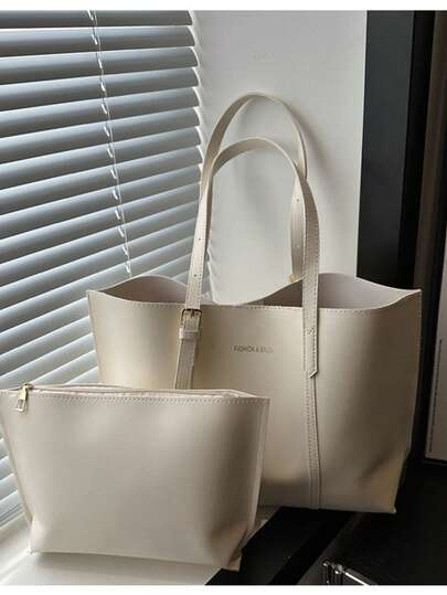 2pcs/Set Solid Color Large Capacity Shoulder Tote Bag And Clutch Purse, Made Of PU Leather, Suitable For Girls/Women Daily Use, Work And Shopping, Also Can Be Mother-Daughter Matching, Best Gift For Mother's Day