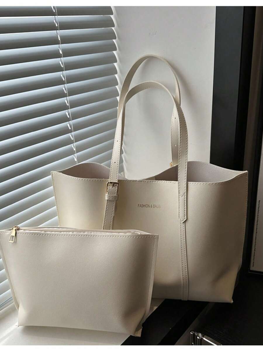 2pcs/Set Solid Color Large Capacity Shoulder Tote Bag And Clutch Purse, Made Of PU Leather, Suitable For Girls/Women Daily Use, Work And Shopping, Also Can Be Mother-Daughter Matching, Best Gift For Mother's Day - Beige - View 1