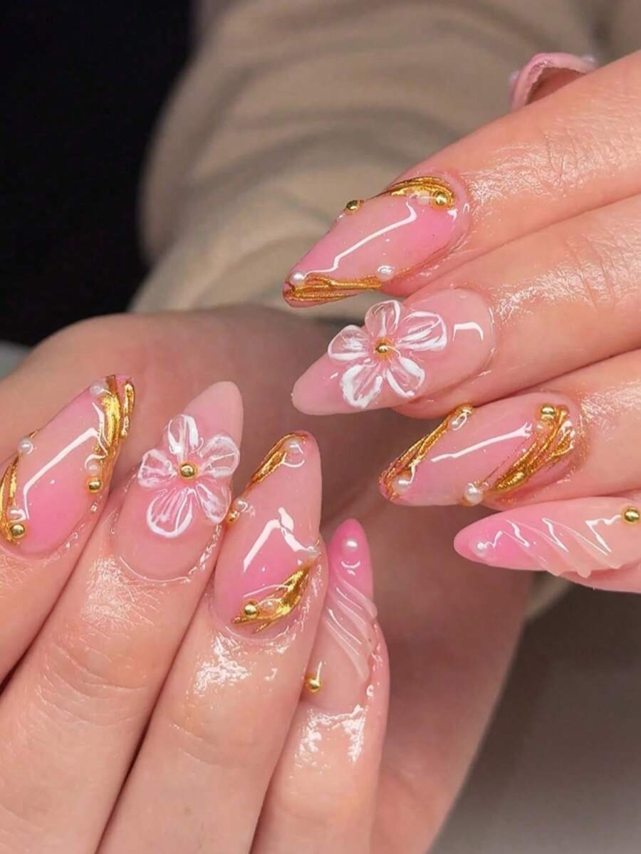 24片渐变亚克力杏仁形美甲贴纸，饰有3D花朵、水波纹和金属线条，闪亮全覆盖假指甲，时尚Y2K风格，适合女性日常美甲用品 - 彩色 - 查看 1