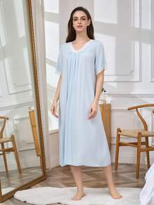Women's Fashion V-Neck Sleepwear, New Summer Short Sleeve Sweet Casual Homewear - Blue - View 3