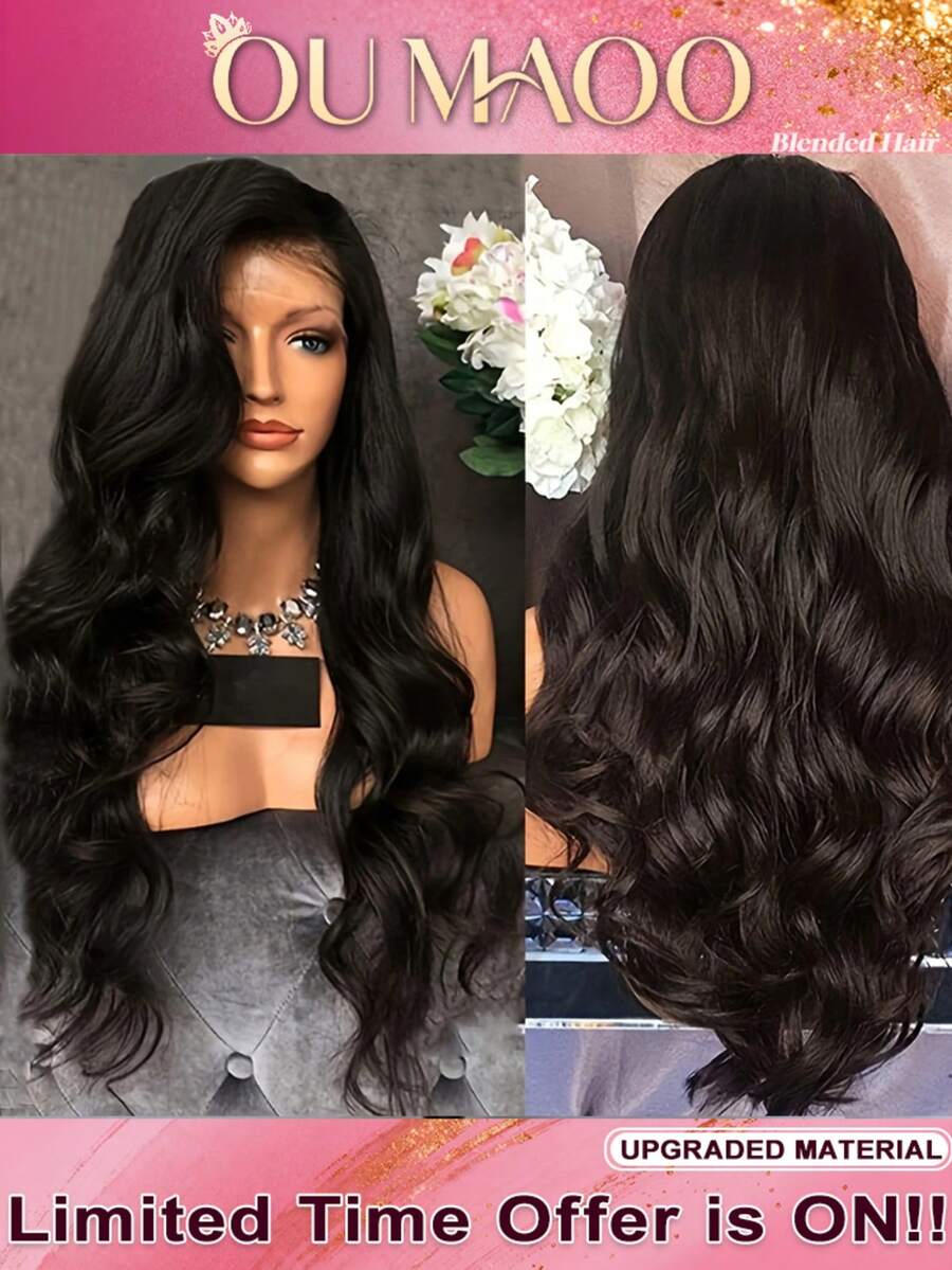 13x4/13x6 高清蕾丝前假发，真人发混纺，自然波浪卷，34英寸 - 200%高密度无胶假发，预先拔毛和修剪，自然发际线和婴儿发，无需胶水，即戴即用 - 自然色&黑色系 - 查看 1