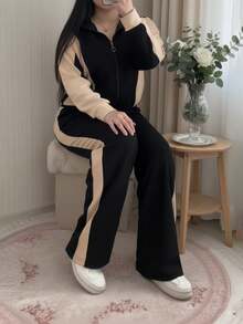Women's Autumn/Winter 2 Pieces Set - Striped Patchwork Top Jacket Paired With Striped Patchwork Pocket Long Pants - Black - View 7