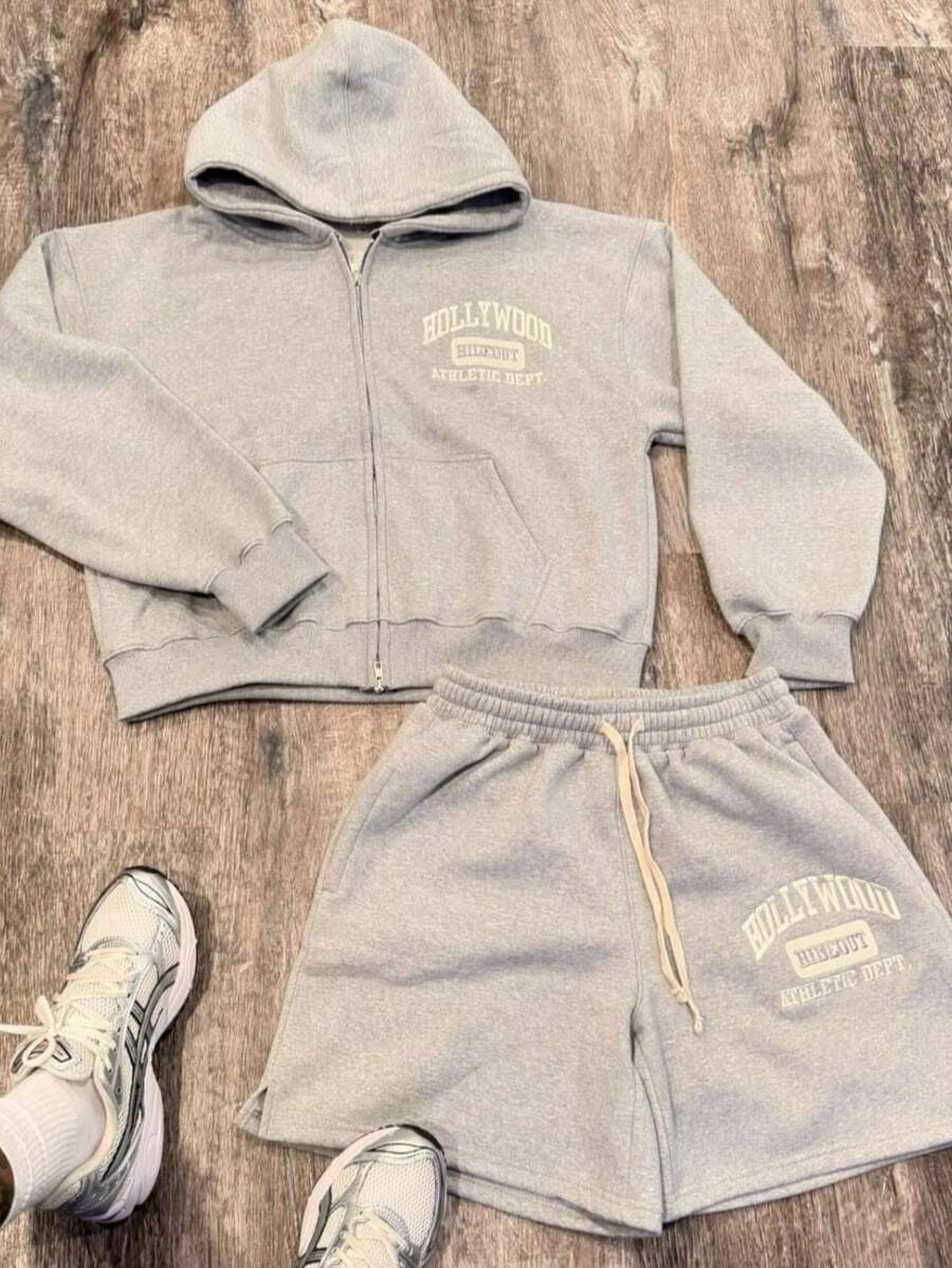 Men 2 Piece Set,Men's Solid Color Hooded Sweatshirt 3D Print Cardigan Sweatshirt Shorts Set - XHbkbwT79-灰 - View 1