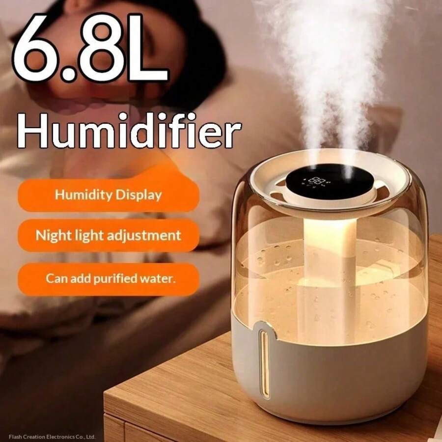 6.8L Air Humidifier For Sleep & Plant Care – Dual Mist Nozzles, 3-Degree Mist Output, Built-In Night Light, One-Touch Fill & Quick-Clean Design – Silent Operation For Bedroom, Office - 米色 - 查看 1